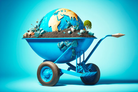 blue wheelbarrow with earth and tools on blue backgroundの写真素材