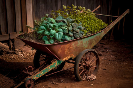rusty iron wheelbarrow with plants growing in it on ground