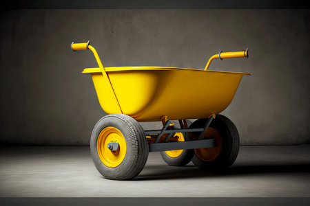 bright yellow wheelbarrow with three wheels on gray background