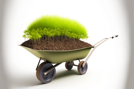 spring planting of grass for lawn wheelbarrow loaded with seedlingsの写真素材