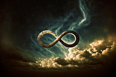 decorated with infinity sign pattern against dark sky as sign of futureの写真素材