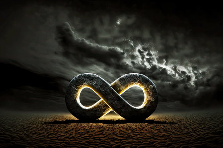 decorated with infinity sign pattern against dark sky as sign of futureの写真素材