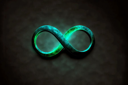 blue green luminous infinity sign on dark grey backgroundの写真素材
