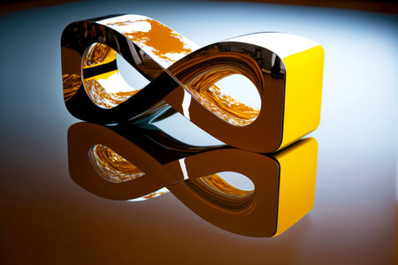 yellow brown infinity sign reflected in glossy surface of table