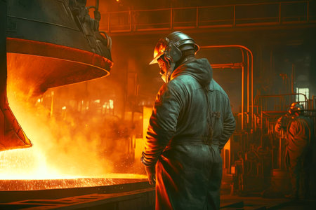 industry worker controlling metal melting in furnaces at metallurgical plant