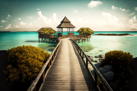 wooden walkways built on water reaching to wooden gazebo on maldives tropical islandの写真素材