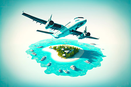 tourist plane flies over waters of maldives tropical islandの写真素材