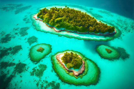 green islands among turquoise sea on maldives tropical islandの写真素材