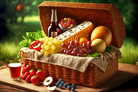 summer picnic basket with fruits, bread, tomatoes, cheese and juice