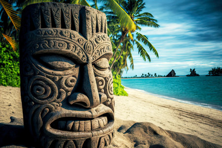 ancient stone idols tiki mask on beach on exotic islandの写真素材