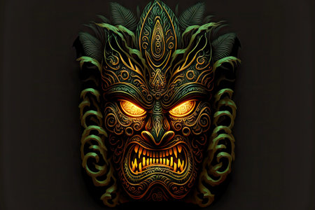 bright tiki mask of evil deity with glowing yellow eyes on black background