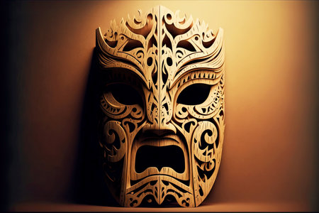 disgruntled wooden tiki mask made of wood with openwork cutoutsの写真素材