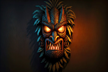 evil wooden tiki mask with glowing eyes on dark background