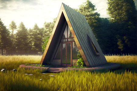 wooden tiny house hut with triangular roof among grassの写真素材