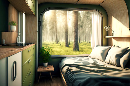 interior bedroom trailer tiny house for travel with forest panoramaの写真素材
