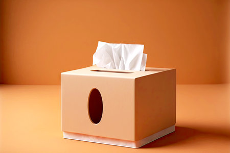 pulls out napkin with her hand from white rectangular tissue box on brown background.