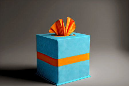 blue tissue box with orange stripe and white napkin on grey background