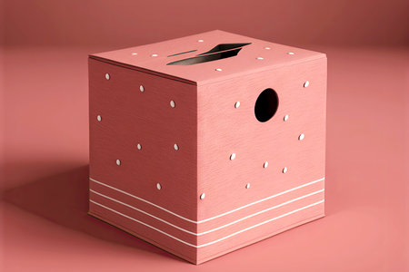 pink tissue box with brown stripe and grey specks and two holes on pink background
