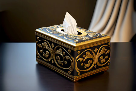 stylish tissue box with gold ornaments in royal style on tableの写真素材