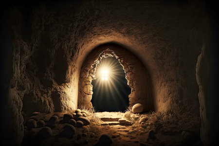 dark holy empty tomb in cave in cemeteryの写真素材