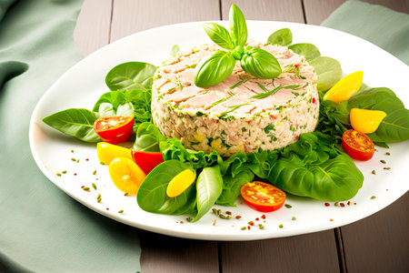 large portion of delicious tuna salad with fresh herbsの写真素材
