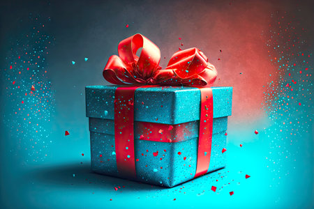 gift with red satin bow on blue background with valentine day confetti