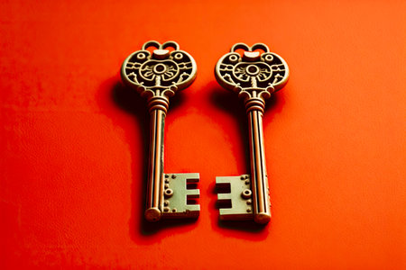 pair of straight vintage keys lying on red substrate