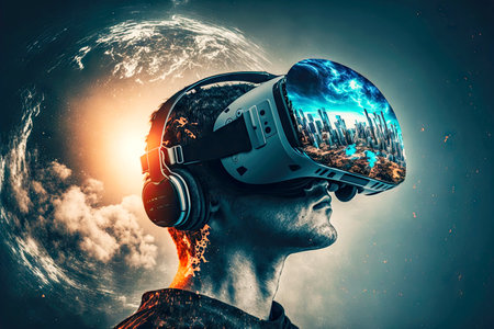 development of world and technology in future of people in virtual reality vr headsetの写真素材