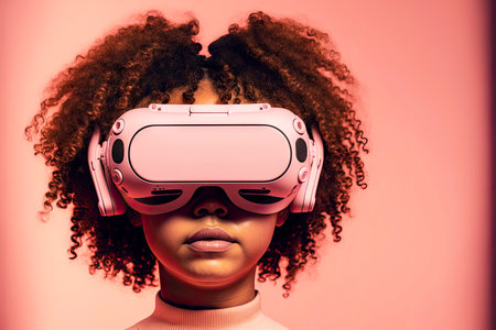 portrait of curly-haired girl in vr headset virtual reality gles on pink background