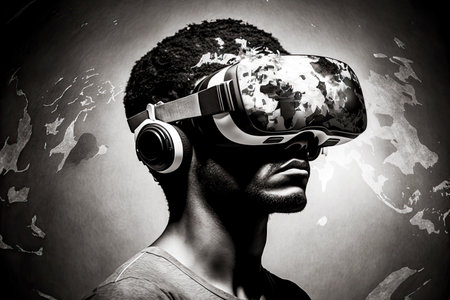 black and white world man in virtual reality gles vr headset
