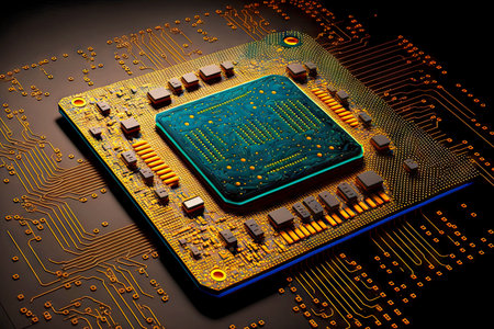 board with microchips circuits and nanoelectronics wafer semiconductor manufacturing