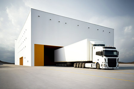 industrial warehouse building for storage of goods with trucks