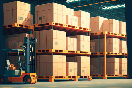 movement loading of boxes on racks in warehouseの写真素材