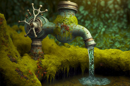 from unusual old moss and moldy tap flows water