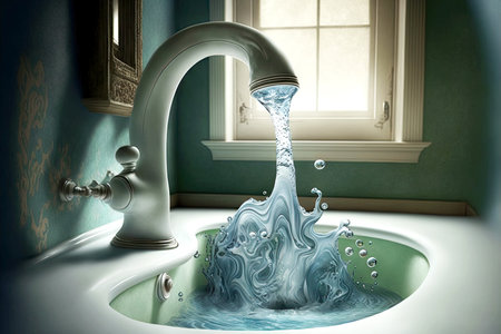 from beaful new tap water flows into sink in bathroom