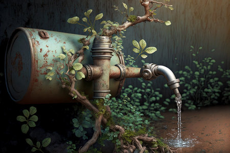 dirty water flows from unusual tap overgrown with tinの写真素材