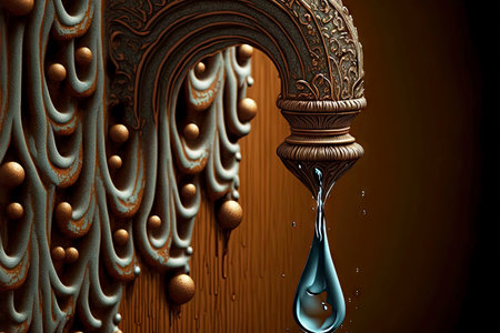 water flows down from carved metal tap in large dropsの写真素材