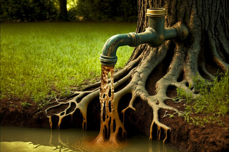 from unusual tap fouling with growths, water flows to ground in parkの写真素材