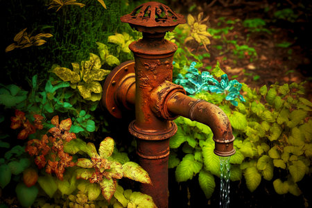 from old rusty garden tap flows water in garden
