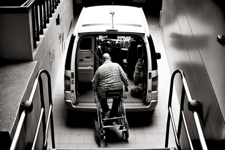 walking down stairs in wheelchair van help and serviceの写真素材