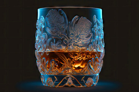 beaful transparent whiskey glass with ice on dark blue backgroundの写真素材