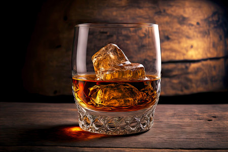 scotch whisky in whiskey glass with ice on wooden backgroundの写真素材