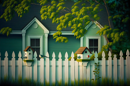 white picket fence with two birdhouses on green grの写真素材