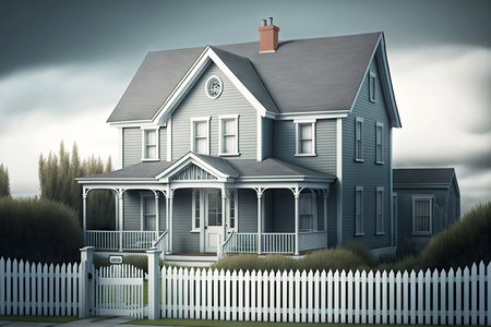 large beaful grey house with terrace surrounded by white picket fenceの写真素材