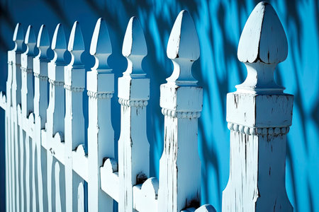 white faded from time to time fence of white picket fence on blue backgroundの写真素材