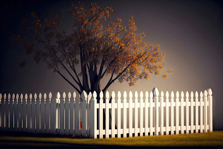 a white wooden picket fence made of picket fence surrounded by gr stands next to treeの写真素材