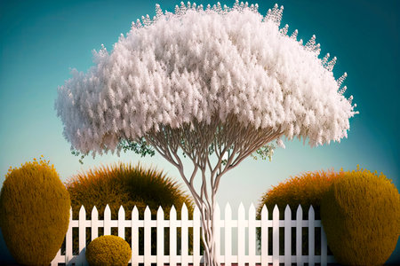 white picket fence tree enclosing tree next to bushの写真素材