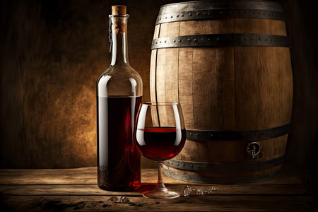 old vintage red wine in bottle and gl against background of wine barrel