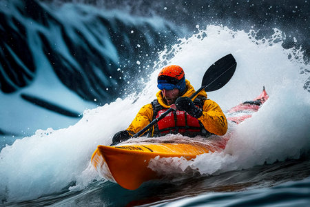 extreme sport in cold water winter kayaking in antarcticaの写真素材
