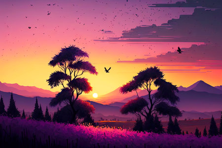 birds in sunset sky over mountains and trees in lavanda field